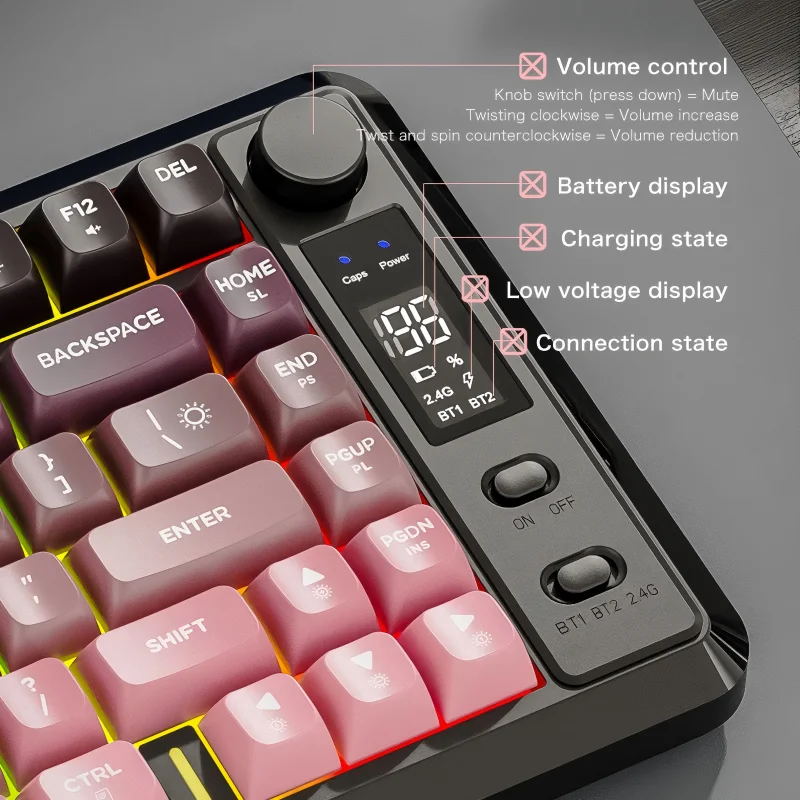 Teclado sem fio com tela de exibição M75, modo duplo Bluetooth, tampa esférica gradiente PBT, teclado para jogos