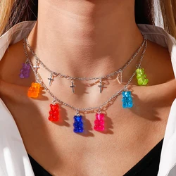 Aihua Candy Color Cross Gummy Mini Bear Chain Necklaces for Women Cute Cartoon Animal Bear Pendant Jewelry Femme Bijoux Collar