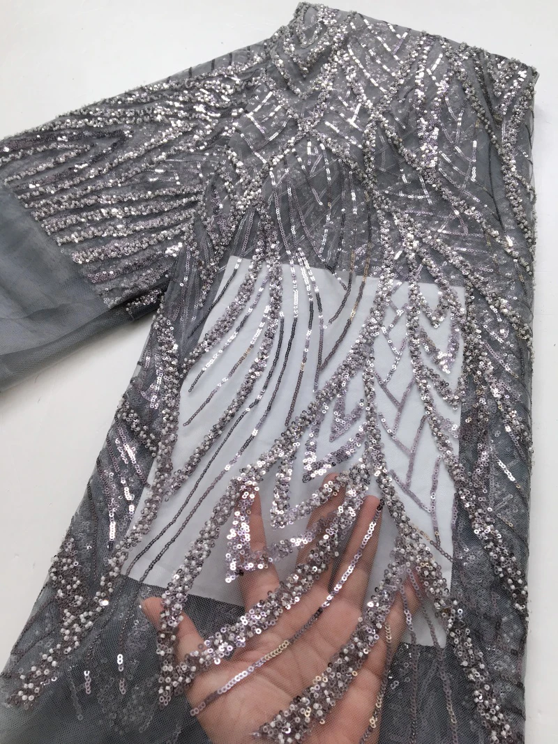 

Nigerian Gray Luxury Sequins Net Lace Fabric High Quality African Tulle Lace Fabric French For Women Wedding Party Dress S4357