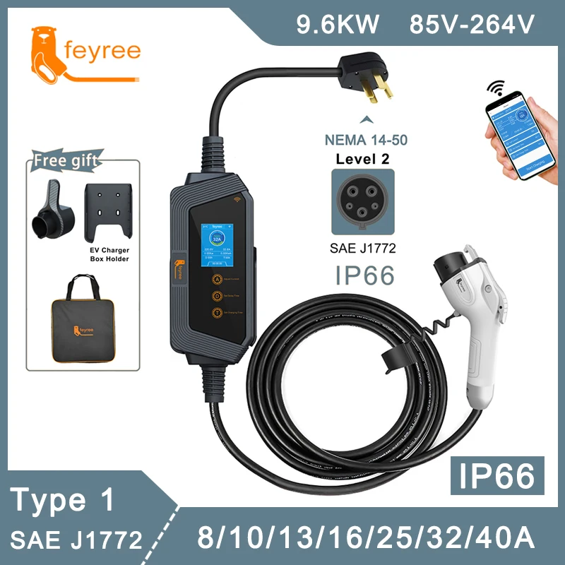 

feyree Type1 Portable EV Charger 9.6KW 40A 1 Phase j1772 Socket with 14-50 Plug 5m Cable Portable bag and Charging Box Holder