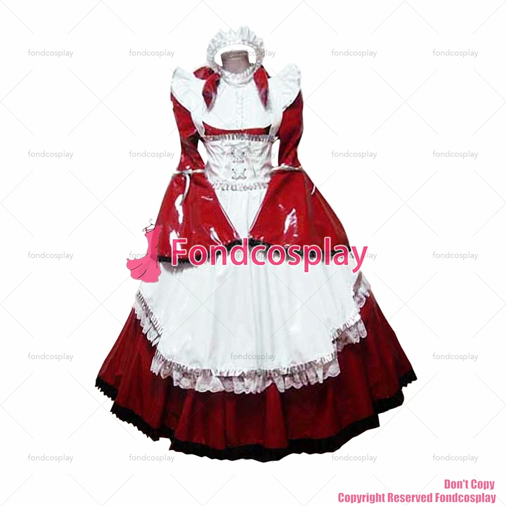 fondcosplay adult sexy cross dressing sissy maid long lockable red thin PVC Dress vinyl Uniform white apron CD/TV[G1638]