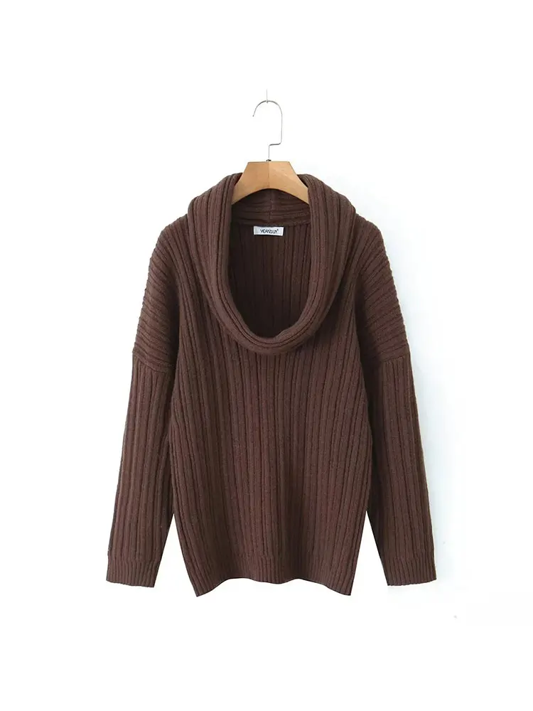 TRAF 2024 Autumn Fashion Loose Slash Neck Knit Pullovers Women Casual Long Sleeve Thick Sweater Womens Knitwear Streetwear