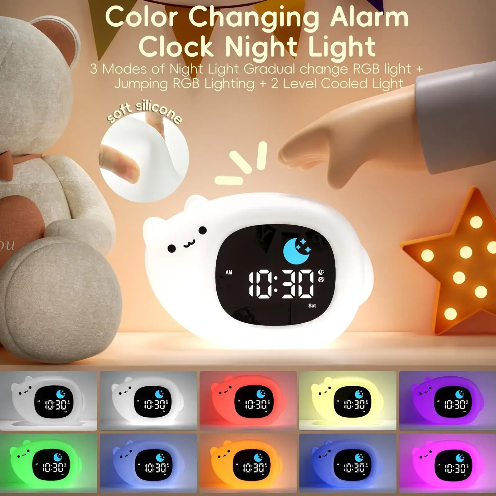 Cute Kids Alarm Clock & Toddler Sleep Trainer Touch-activated Night Light With Color Change, Gentle Wake-up For Nursery Bed