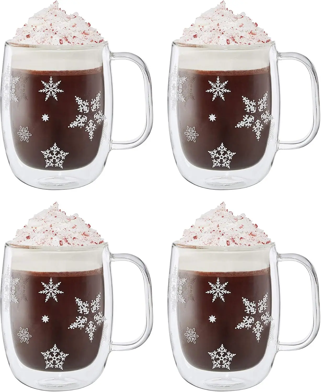

Sorrento Double Wall Glass Snowflake Coffee Mugs, Set of 4, 12oz Each