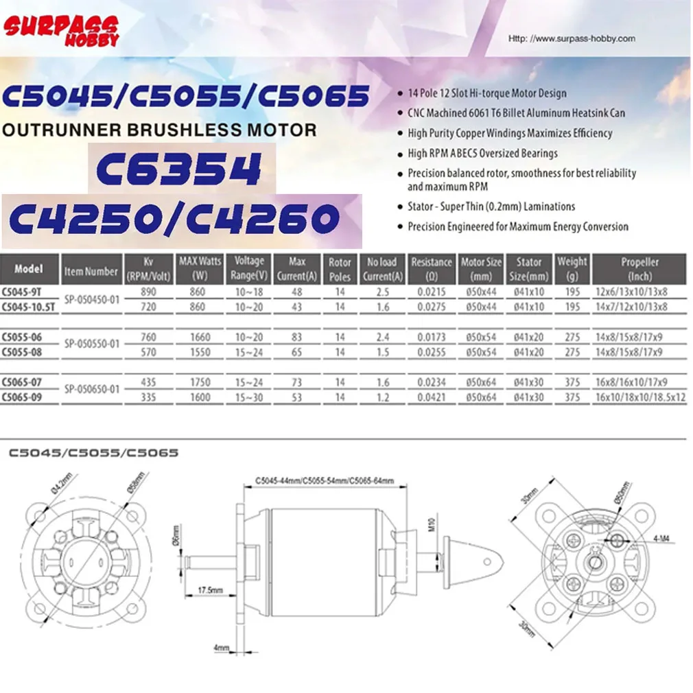 

Surpass Hobby C4250 C4260 C5055 C5065 C6354 Бесщеточный двигатель для радиоуправляемого самолета, БПЛА, самолета, мультикоптера, вертолета, дрона с неподвижным крылом