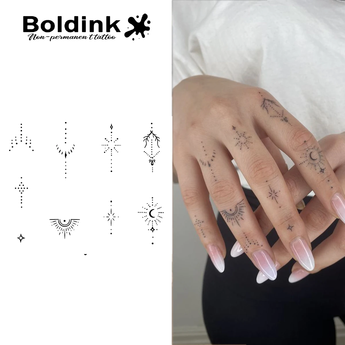 Boldink Delicate Dot-Line Temporäre Tattoos, mit Stern, Mond und Sonnenmotiven, wasserfest, Mini- und exquisite Fingeraufkleber