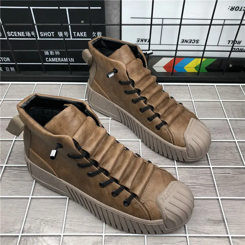 Spring Leather Casual Shoes Men Ankle Boots Lace Up High Top Men Shoes Chunky Sneakers High Quality Fashion Male Designer Shoes