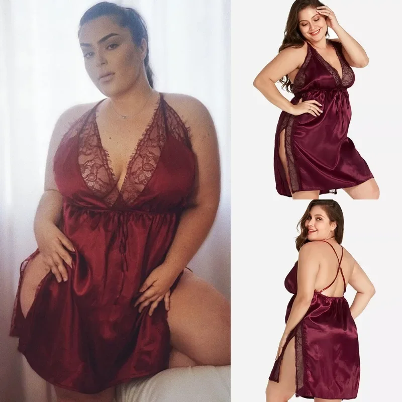 Top Fashion Sexy Lace Patchwork V-neck Satin Suspender Nightgown Spaghetti Strap Slit Sleeping Dress Womens Fun Lingerie Dress