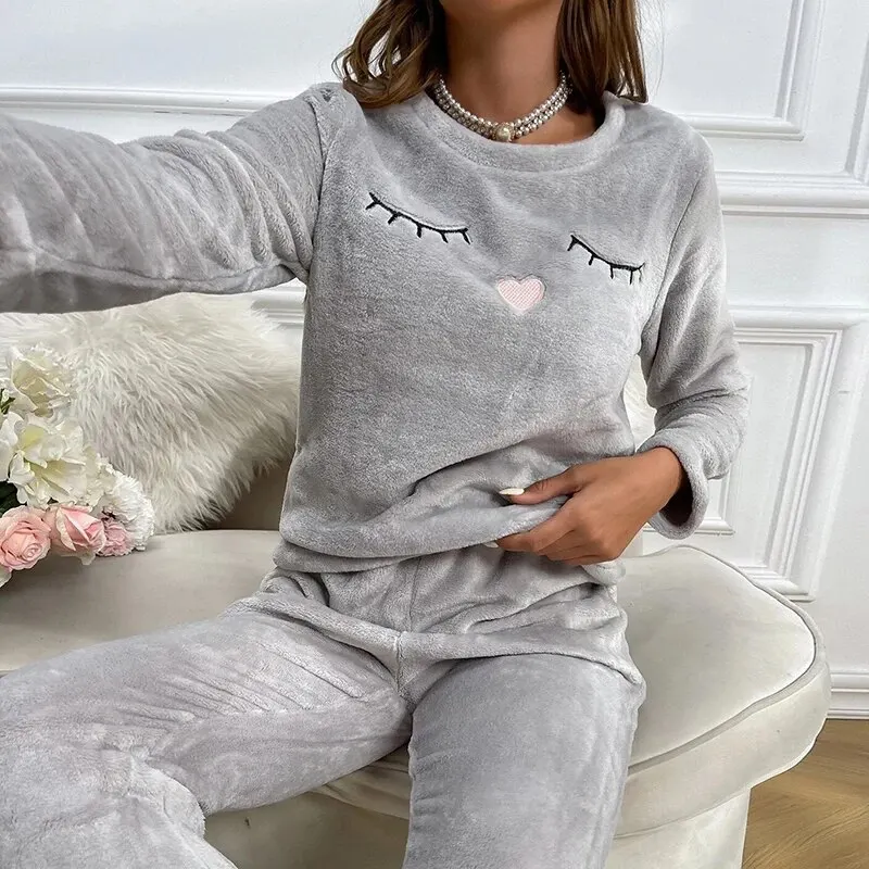 Autumn Winter Thickened Warm Flannel Pajama Women\'s Pajamas Set Long-sleeved Trousers Two-piece Set Cute Soft Homewear Clothes