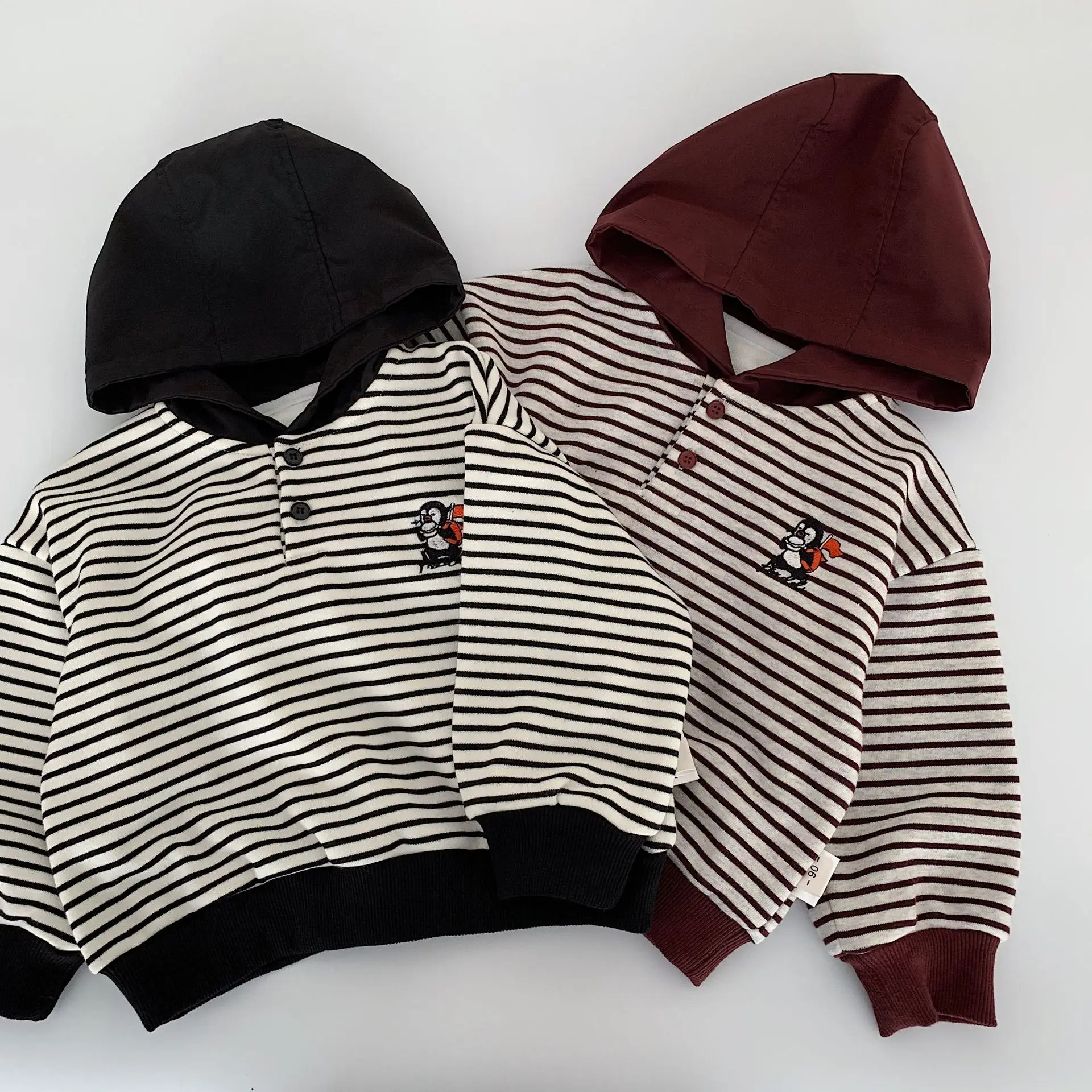 

Autumn Winter Children Hoodies 2-10Y Boys Girls Warm Fleece Striped Embroidery Cartoon Hooded Sweatshirt Toddler Kids Tracksuits