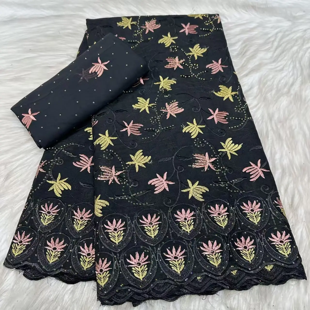 

5+2 ярда новейшей черной швейцарской кружевной ткани из вуаля с шарфом, хлопковая африканская кружевная ткань с камнями 2026 для женских платьев в Нигерии KYC2610