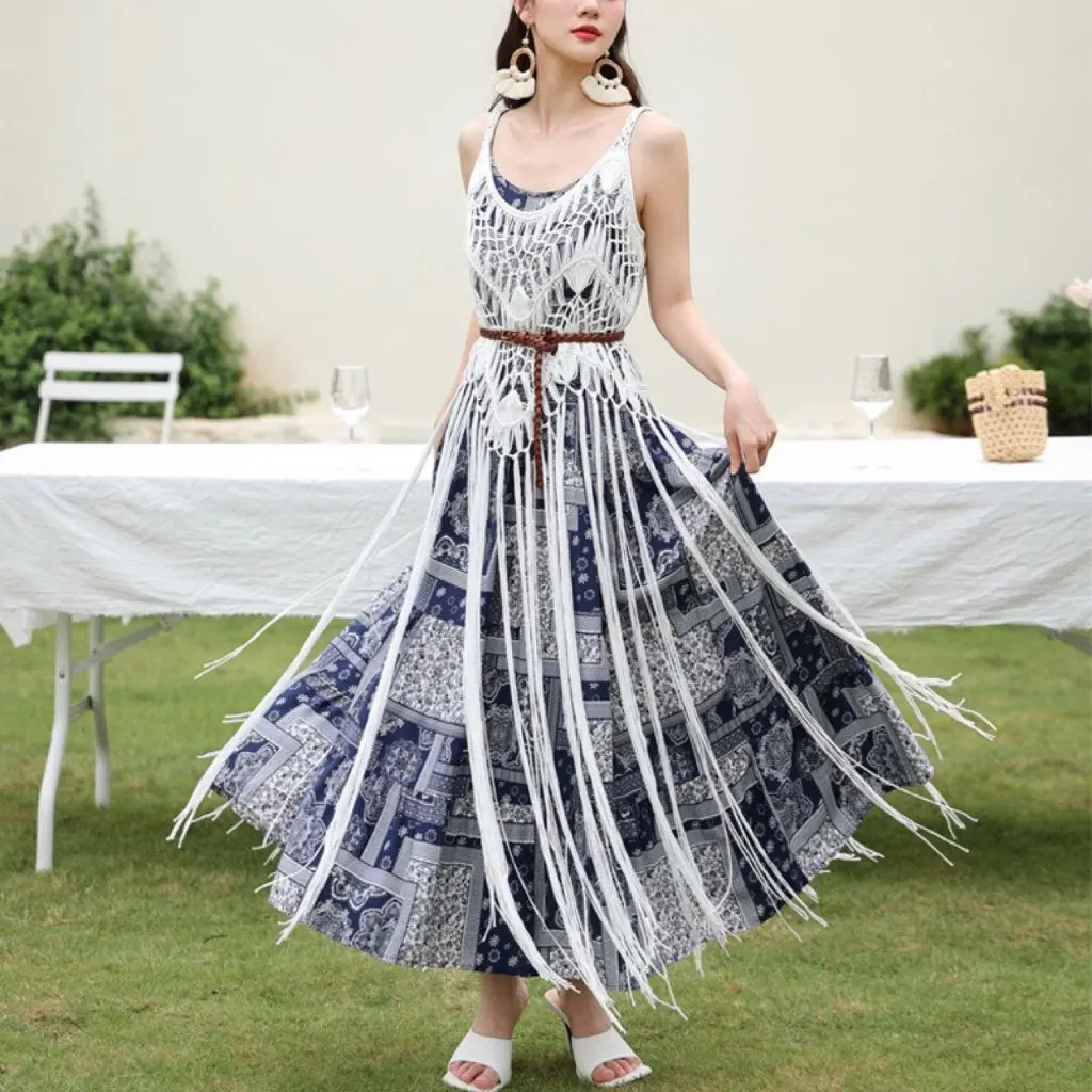 

Женская винтажная этническая вязаная длинная блузка с кисточками и подвесным поясом, ажурный дизайн, летний красивый жилет, модный топ