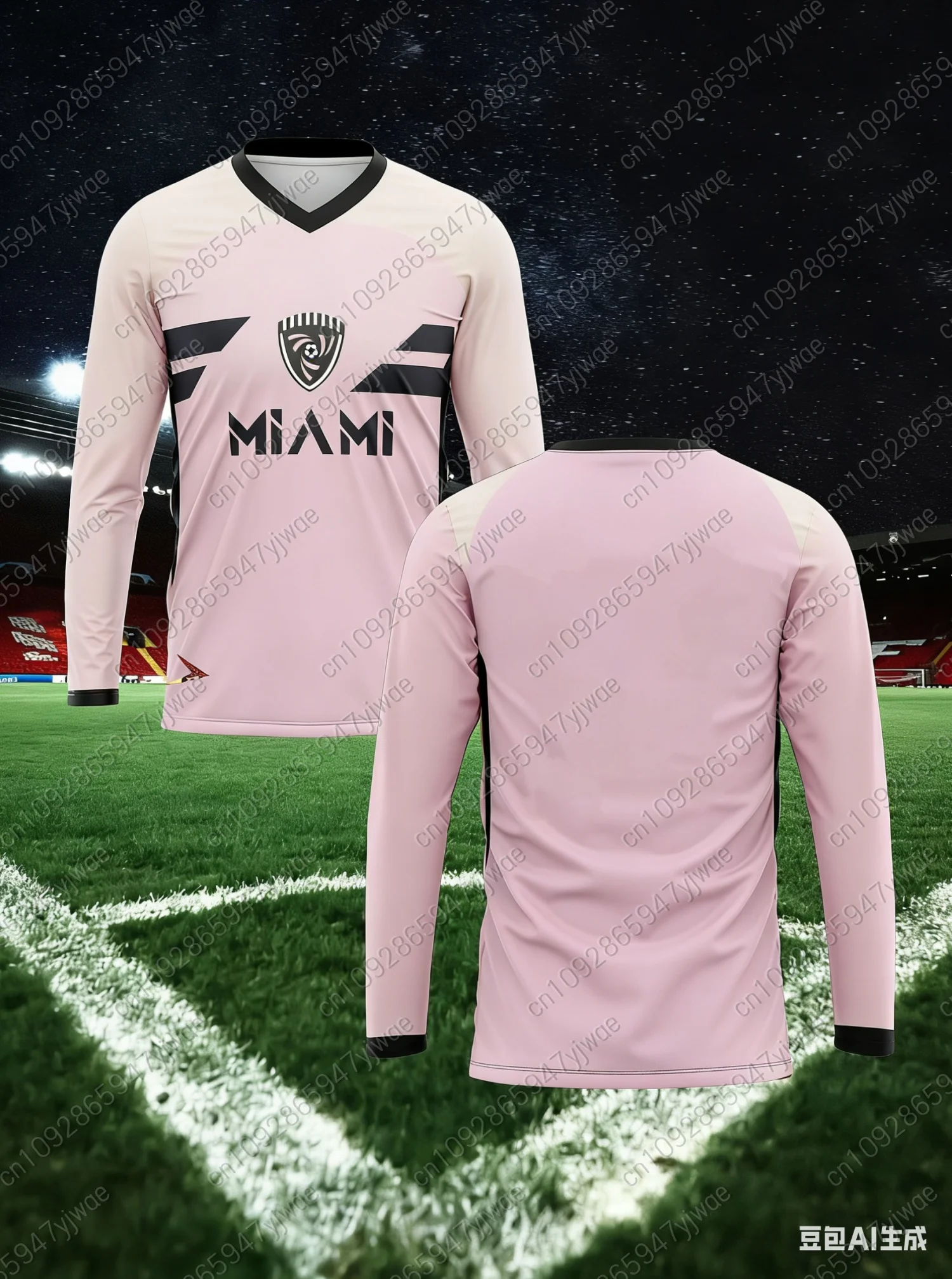 2025 رجل ميامي لكرة القدم جيرسي الخامس الرقبة طويلة الأكمام كرة القدم تي شيرت الرجال الرياضة التدريب الفانيلة خمر عطلة رجل تي شيرت برقبة على شكل v