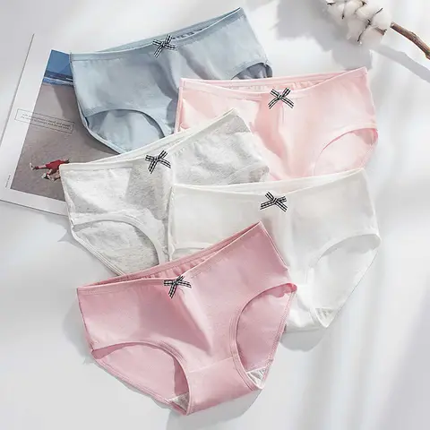 3pcs Women's Pure Cotton Panties Mid-Waist Soft Breathable Underwear Fashionable Bow Decorated Female Solid Color Panty