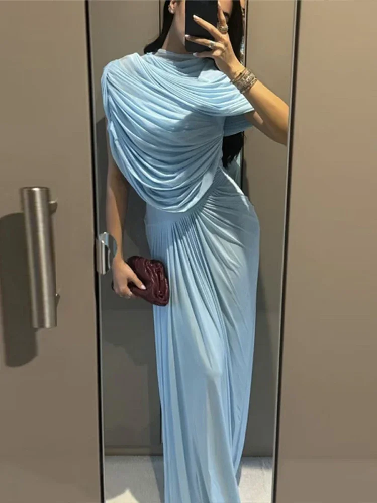 Xale plissado envolto vestido feminino estilo capa em camadas fino ajuste elasticidade cintura cinched robes sexy malha praia vestidos longos verão