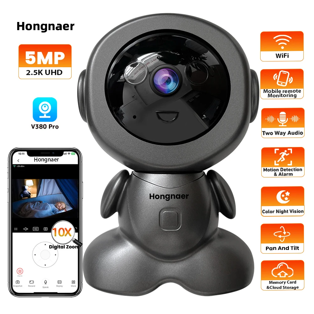 Hongnaer 5MP 2.5K V380 Pro Night Vision Wireless WiFi Smart Home Robot Video Indoor IP PTZ CCTV Security Camera