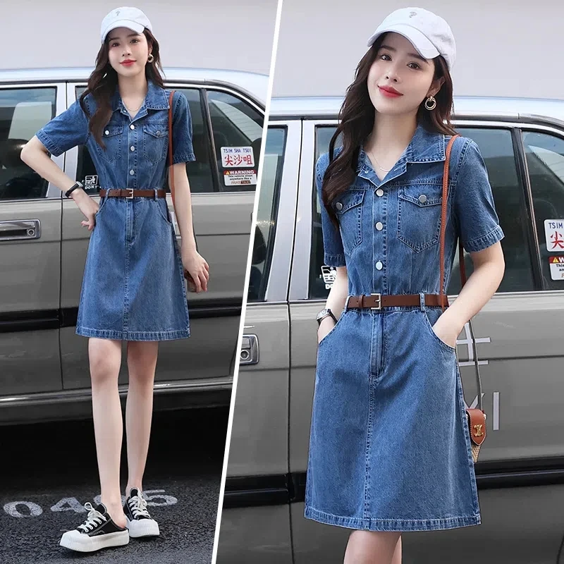 

Summer 2025 New Fashion Temperament Denim Dress Women Casual Short Sleeve Jean Dress Lady Retro High Waist Dress Ladies K666