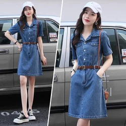 Summer 2026 New Fashion Temperament Denim Dress Women Casual Short Sleeve Jean Dress Lady Retro High Waist Dress Ladies K666