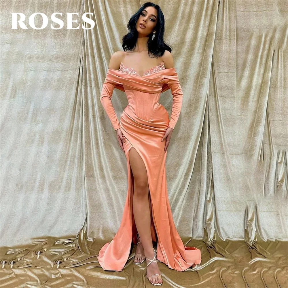 ROSES Pink Sexy Evening Gown Sweetheart Trumpet Satin Sequins Party Dress with Pleats Satin High Side Slit 프롬드레스 Prom Dresses