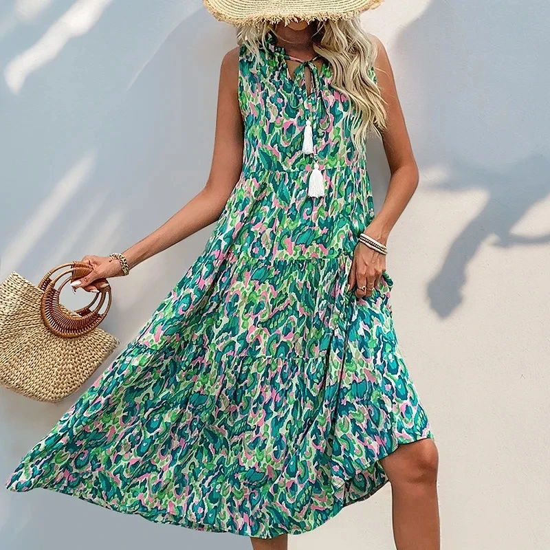 

New Ropa Mujer V-neck Beach Resort Style Versatile And Fashionable A-line Sleeveless Tank Top Dress Women's Mid-length Hem Dress