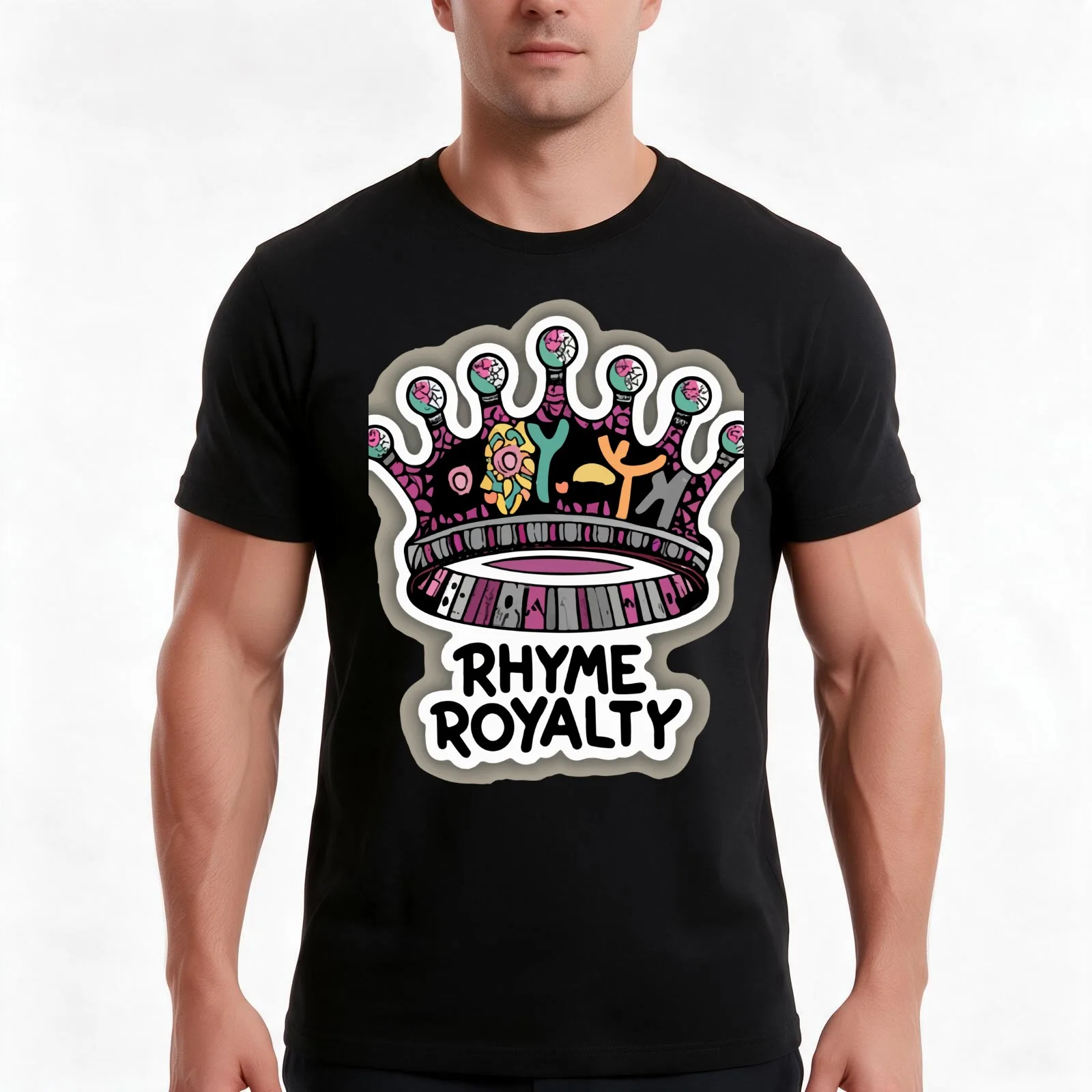 Camiseta con diseño de corona y notas musicales, estilo graffiti, de la marca Rhyme Royalty, camiseta de algodón informal para el verano, camisetas de estilo urbano de corte amplio, estampado gráfico de estilo vintage.