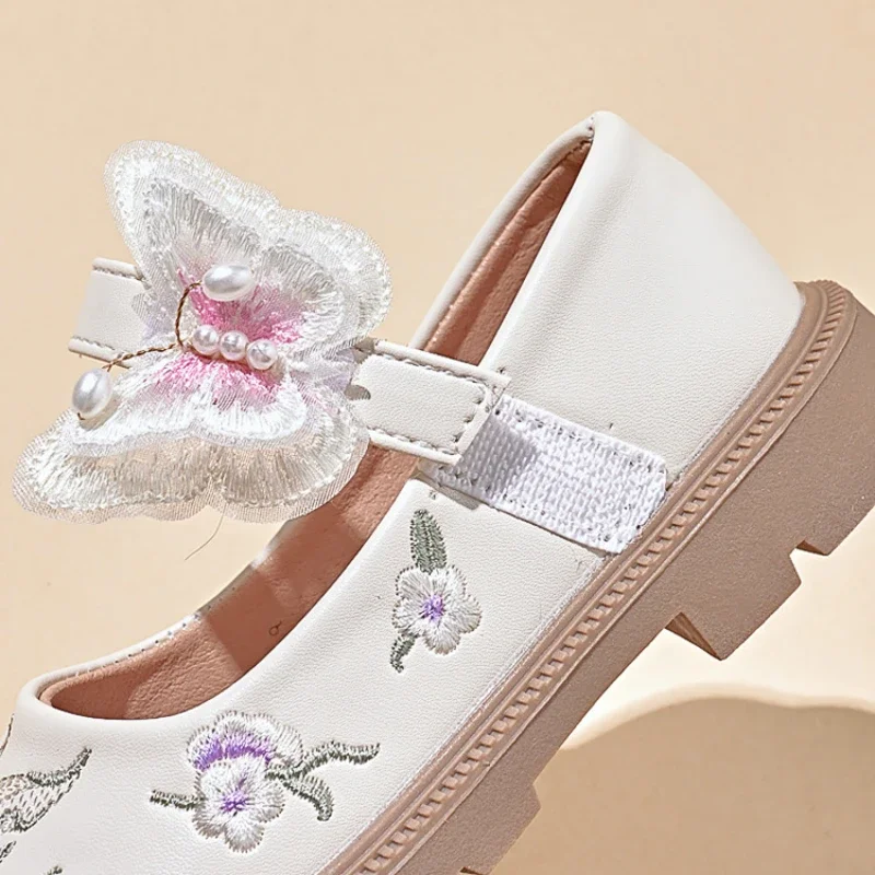 2024 Children Leather Shoes for Girls Spring Autumn New Fashion and Comfortable Soft Sole Princess Chinese Embroidery Chic Shoes