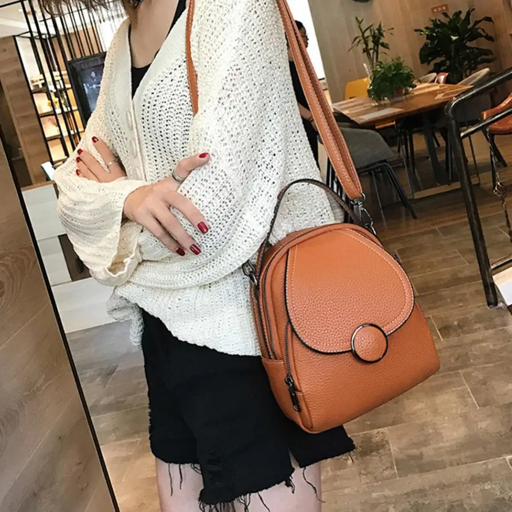 Elegant Women Solid Color Zipper Mini Backpack Soft Faux Leather Handbag Satchel Bag