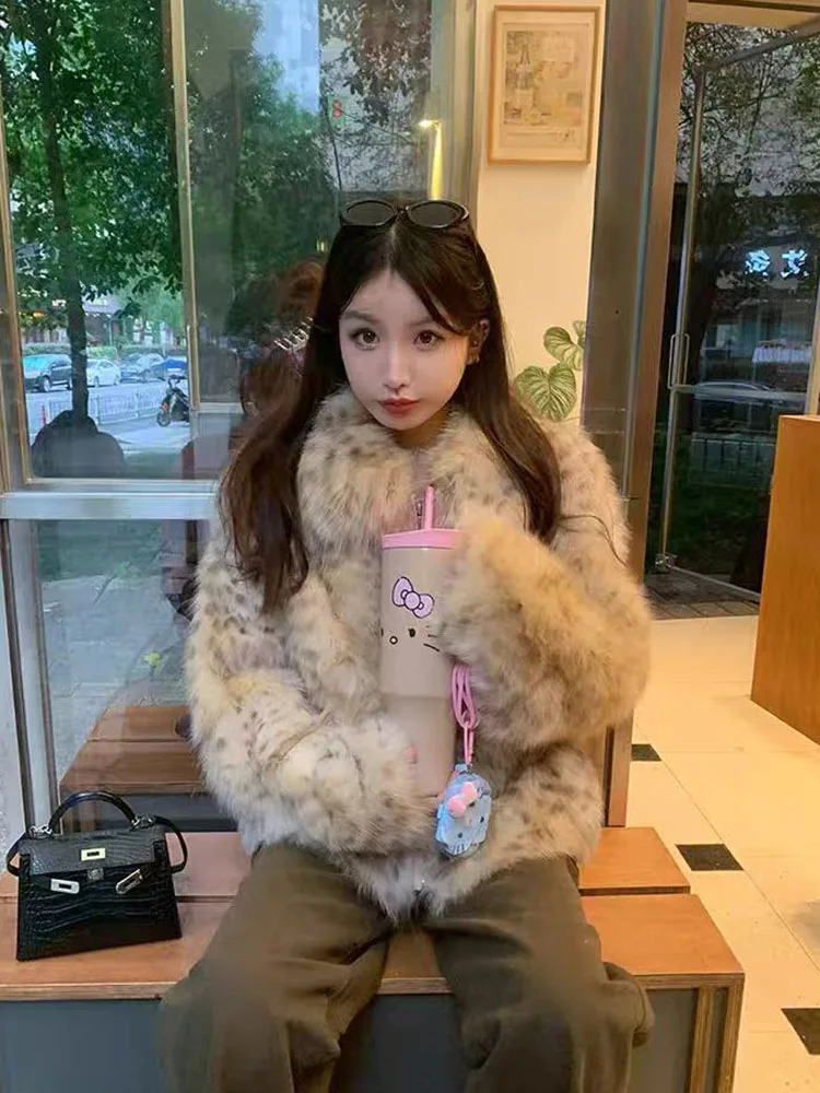 Retro leopard Faux Fur Coats Women Y2K winter Thick Turn Down Collar Fur Jacket Korean Loose Streetwear Warm Plush Outerwear