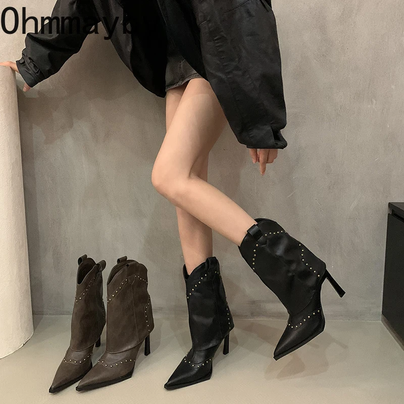 Vintage Rivet Women Western Cowgirl Boots Fashion Slip On Shoes Autumn Winter High Heel Women's Knight Short Booties