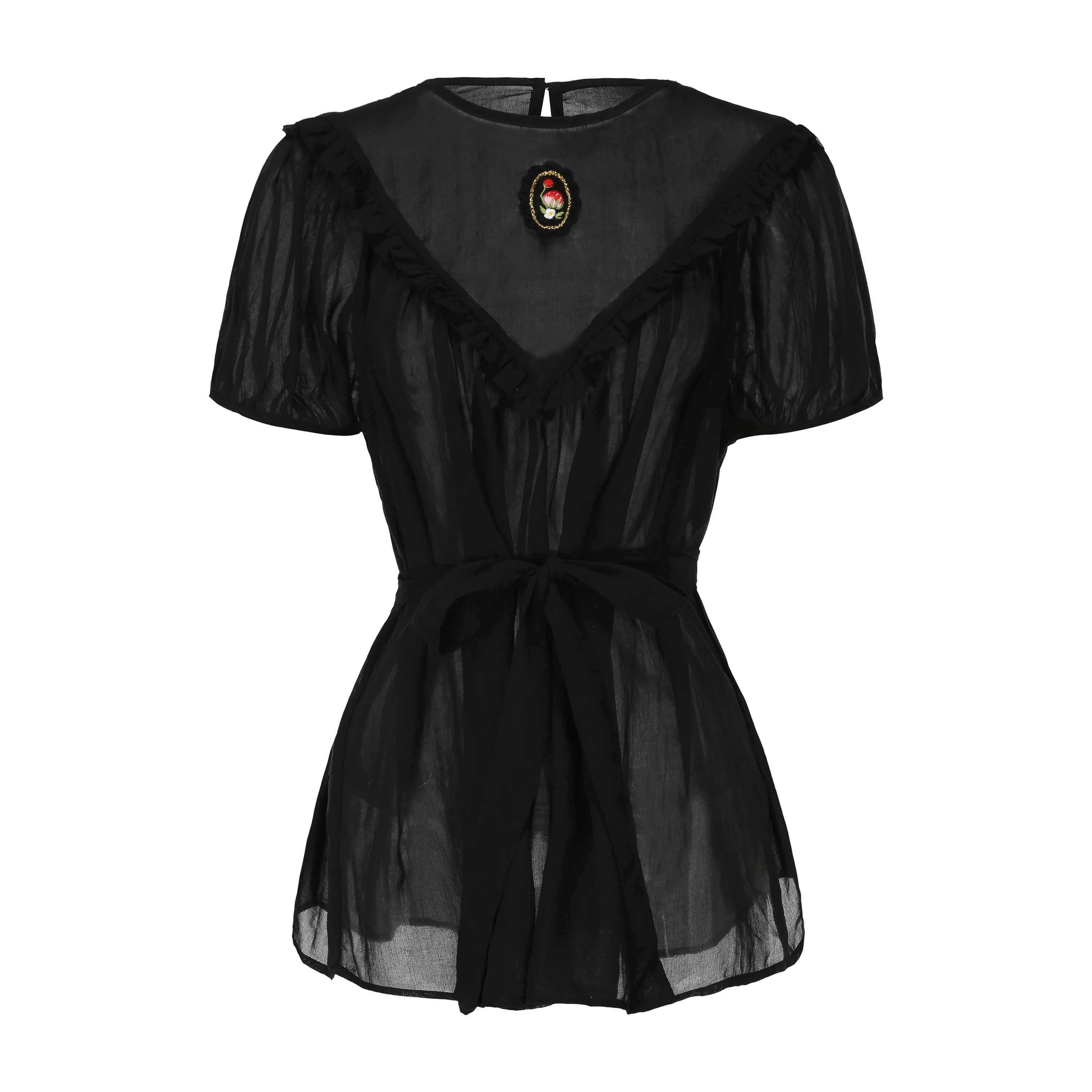 

Женская модная блузка с ручной вышивкой 3D фруктов, воротником-рюшем, винтажная, освежающая, с коротким рукавом, из хлопка, свободного кроя, в стиле кукольного топа