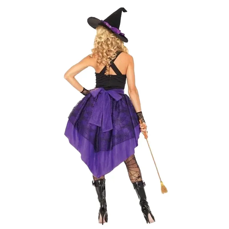Plus size xxl-s costume da strega di Halloween per le donne adulte sexy viola coda di rondine bretelle vestito cappello festa di carnevale vestito femminile Q
