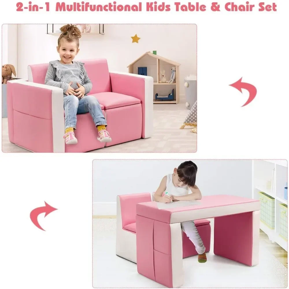 Kindersofa, 2-in-1 umwandelbares Zweisitzer-Sofa mit Stauraum, Kinder-Chaiselongue aus PVC-Leder