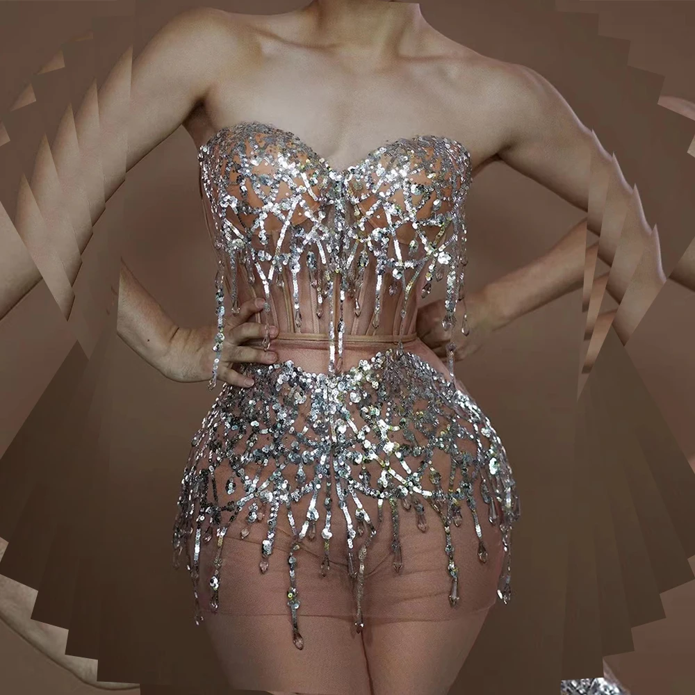 Robe de soirée en dentelle transparente à manches courtes, glands personnalisés, maille, haute élasticité, paillettes, sexy, moulante, performance sur scène, nouveau