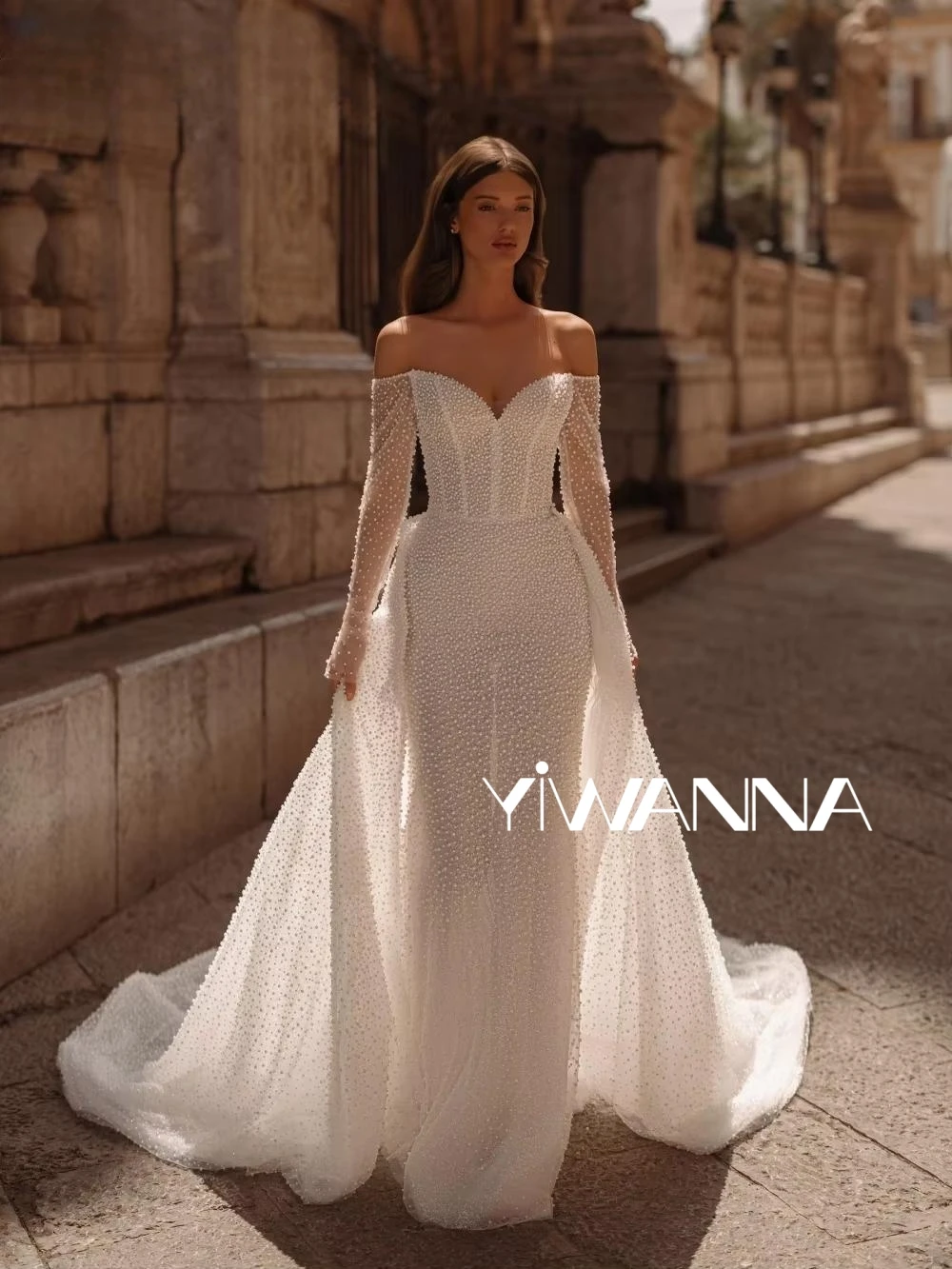 

Detachable Train Sparkling Pearls Long Wedding Dress Dreamy Off Shoulder Bridal Gown New Customized Gorgeous Dresses For Bride