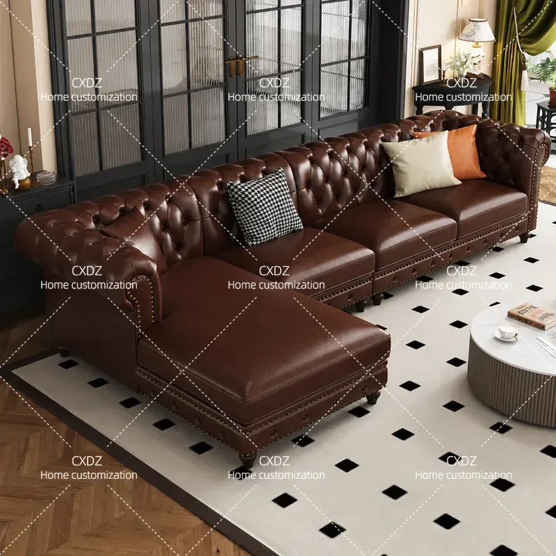 American Retro Leather L Shaped Corner Sofa Large Living Room Couch Villa Apartment Combination Furniture