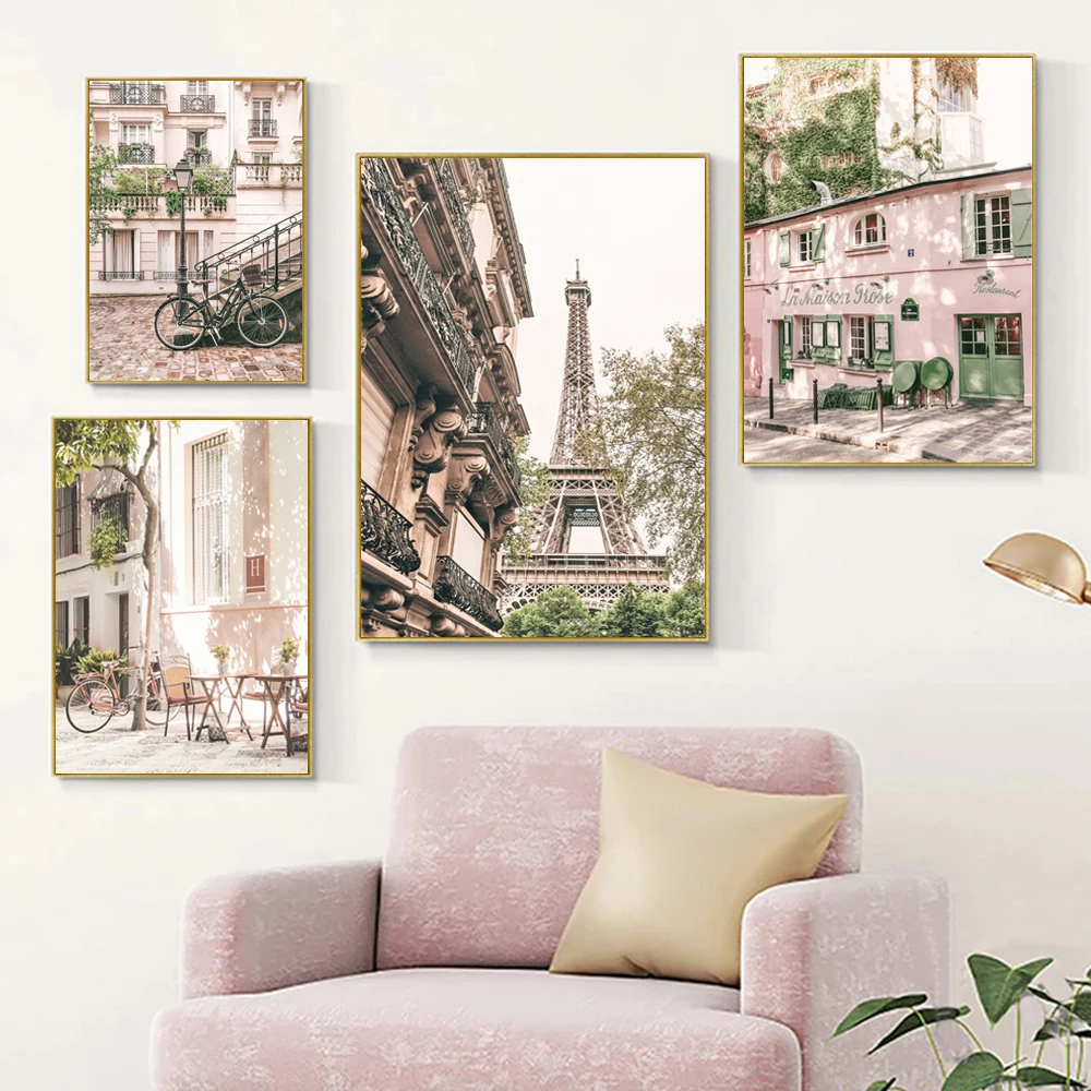 Pastel Pink Paris Wall Art Prints French City Street Scenery Photo Poster Paris Lover Gifts Coffee Shop Photo Canvas Painting