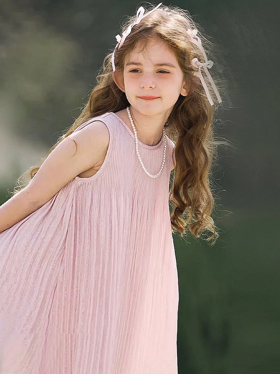 Baby Girls Summer Dresses Cute Pink Sleeveless Vest Dress Pressed Pleat Design Shining Clothing 3T 14yrs 170cm Girl Mother  Wear