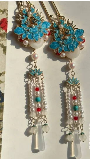 Blue Enamel Hairpin with Butterfly and Flower Motifs, Ancient-Style Tassel Shaking Hair Ornament for Hanfu, Chinese-style Access