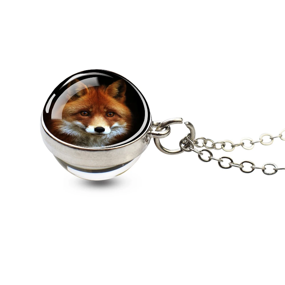 Lovely Red Fox Necklace for Women Men Cute Animal Double Side Glass Ball Pendant Alloy Chains Necklaces Fashion Jewelry Gifts