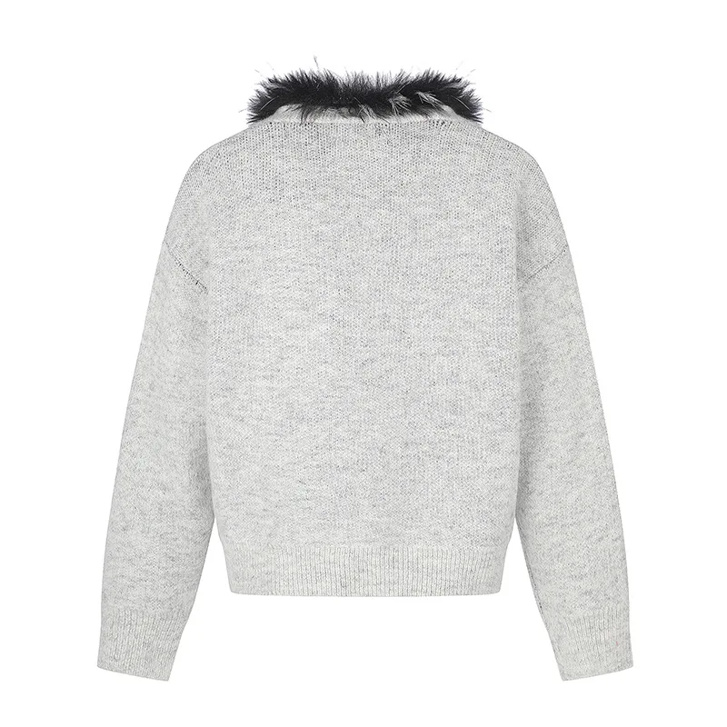 Men's Autumn Winter Knitted Sweater With Faux Fur Collar Fashion Vintage Jumpers With Cartoon Pattern Knitwear For Male