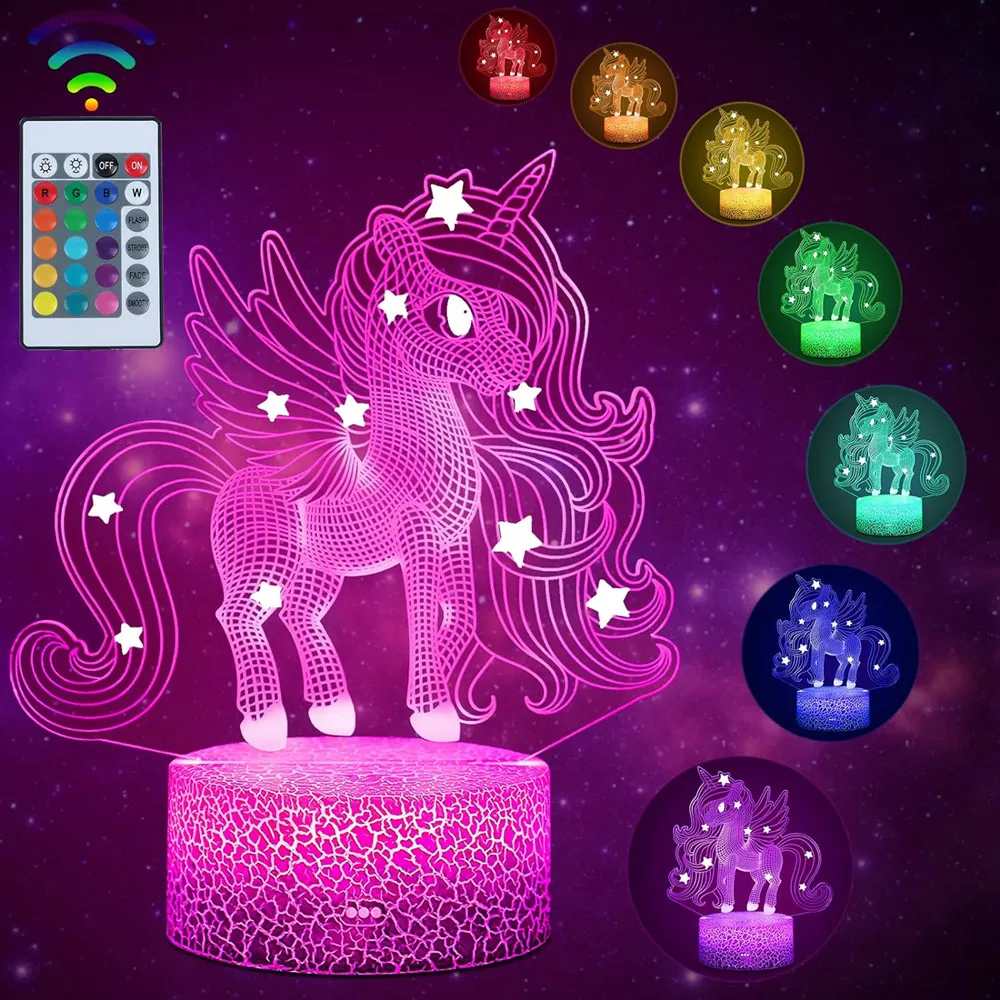 Unicorn Night Light for Kids 3D Night Lamp 16 Colors Changes with Remote Control Room Decor Valentine\'s Day for Children Girls