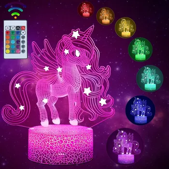 Einhorn-Nachtlicht für Kinder, 3D-Nachtlampe, 16 Farben, Änderungen mit Fernbedienung, Raumdekoration, Valentinstag für Kinder und Mädchen