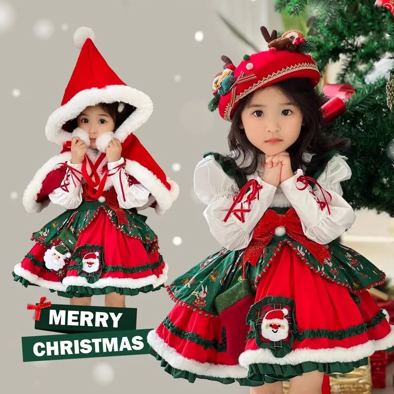 2024 Children Christmas Milu Deer Dresses Print Dress Girls Lolita Princess Dresses Red Cloak Doll Collar Tops Sisters Matching