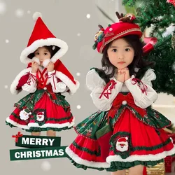 2024 Children Christmas Milu Deer Dresses Print Dress Girls Lolita Princess Dresses Red Cloak Doll Collar Tops Sisters Matching