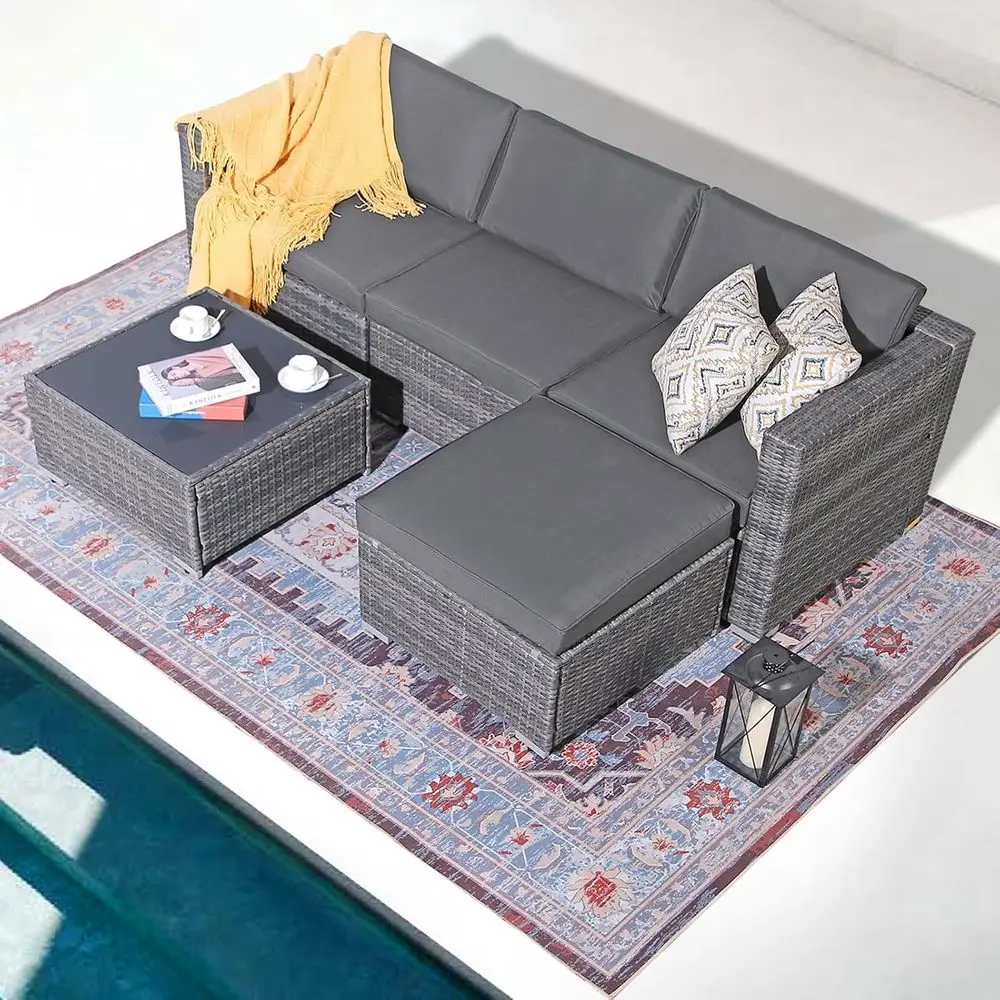 

Устойчивый к атмосферным воздействиям серый плетеный комплект мебели для патио из 5 предметов с серыми подушками для улицы, сада, у бассейна и балкона