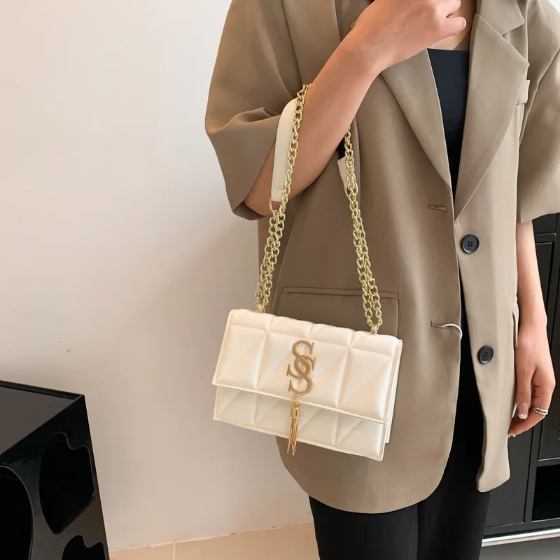 Women New Fashion Single Shoulder Crossbody Chain Bag Small Square Solid Color Check Line Luxury Designer Bag