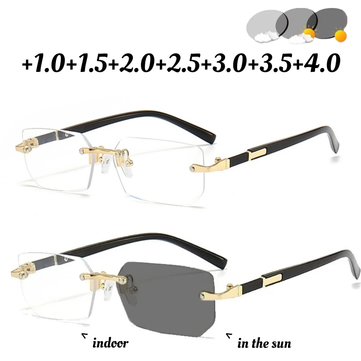 

Neutral Fashion Rimless Photochromic Glasses Men's High-definition Hyperopia Glasses New Fashion Color-changing Glasses +3.5+4.0
