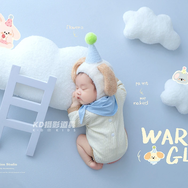 0-1Month Newborn Photography Outfit Beige Romper with Dog Ear Hat & Scarf, Cute Infant Photo Shoot Set with Cloud & Ladder Props