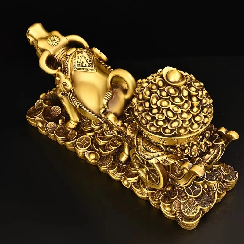 Pure Copper Ox Pulling Treasure Pot Statue Wealth Golden Ox with Cart Full of Gold Ingots, Chinese Zodiac Lucky Animal CraftGift