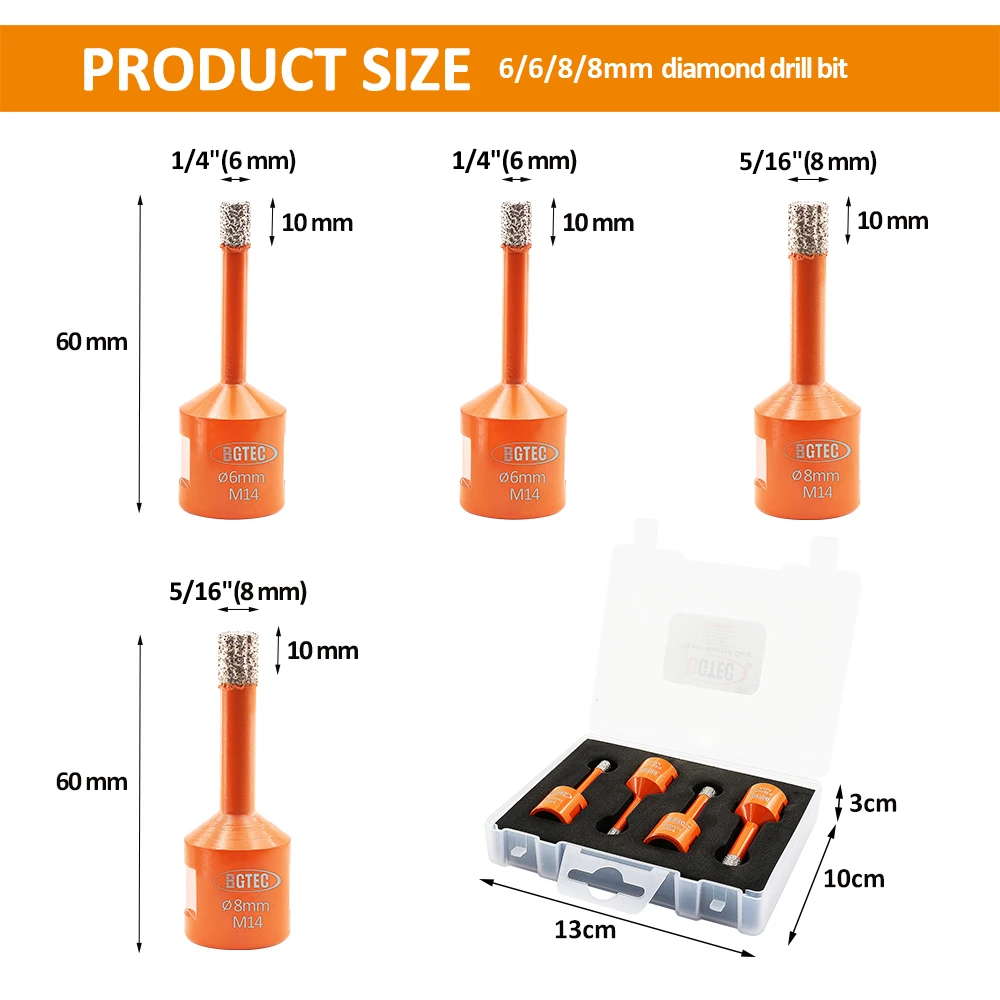 BGTEC 4pcs Diamond Drilling Crowns Plastic Box Set Dia6+6+8+8mm Core Drill Bit M14 Thread Hole Opener For Tile Marble Stoneware